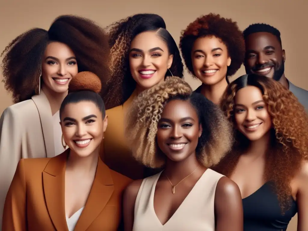 Un retrato de un grupo diverso de personas con diferentes tipos y texturas de cabello, sonriendo y mirando con confianza a la cámara en un entorno de salón moderno