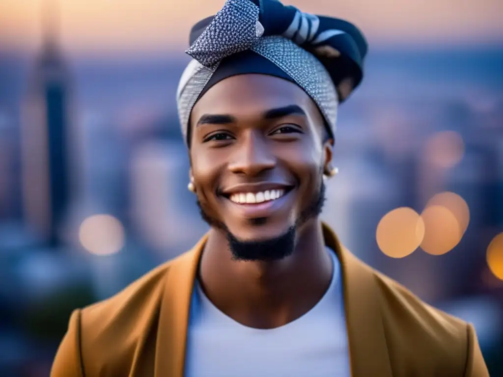 Un retrato de un joven con confianza, usando una elegante y moderna envoltura en la cabeza