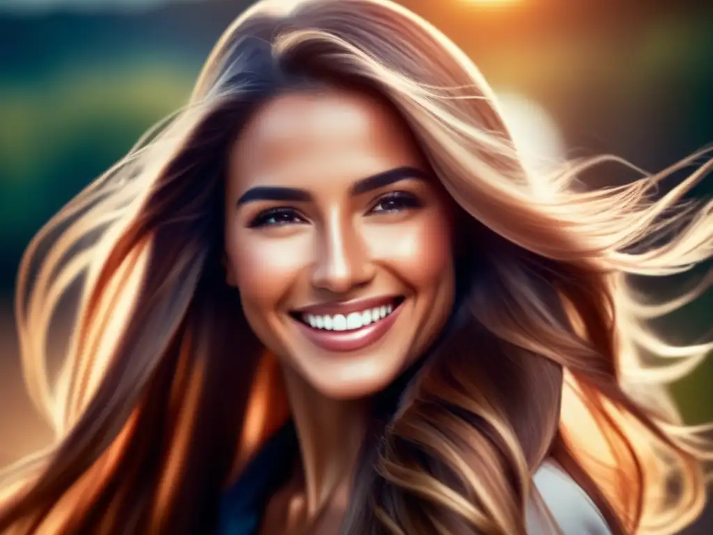 Retrato de una mujer con cabello largo, brillante y saludable, transmitiendo vitalidad y belleza