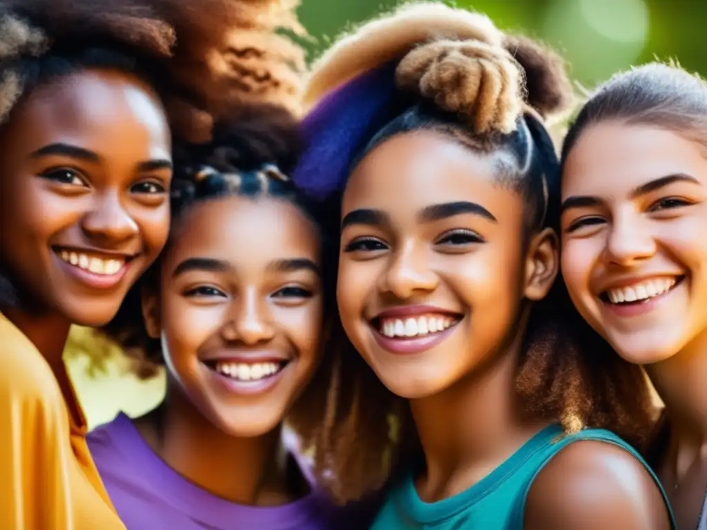 Un retrato de alta resolución de un grupo diverso de adolescentes sonrientes con diferentes estilos de cabello, celebrando la diversidad natural de tipos y texturas capilares