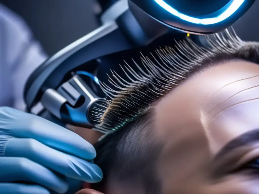 Un robot implanta con precisión microinjertos capilares en el cuero cabelludo, fusionando tecnología avanzada y medicina