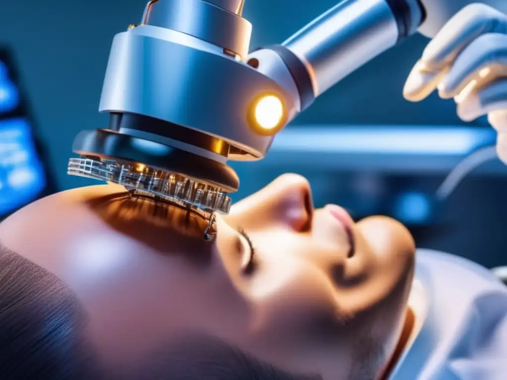 Implante de cabello con robot: precisión y tecnología avanzada Robótica en trasplante capilar: avanzada tecnología en cirugía capilar con brazo robótico realizando trasplante de cabello con precisión