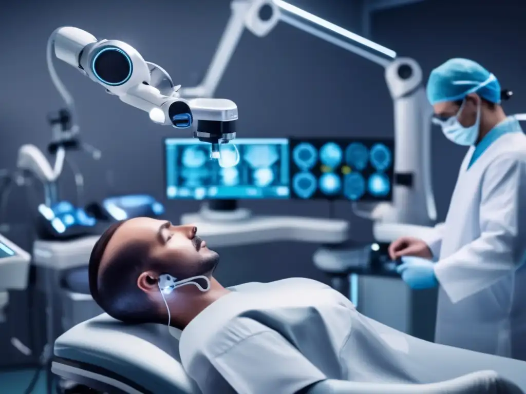 Robótica de vanguardia en trasplante capilar Robótica en trasplante capilar: Imagen de un brazo robótico de alta precisión realizando una cirugía innovadora en un quirófano futurista