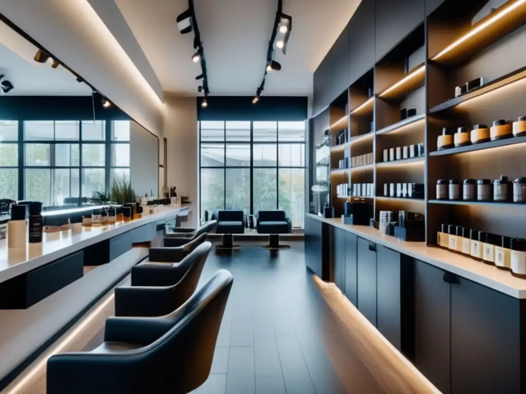 Salón de belleza moderno con estantes organizados y ambiente cálido