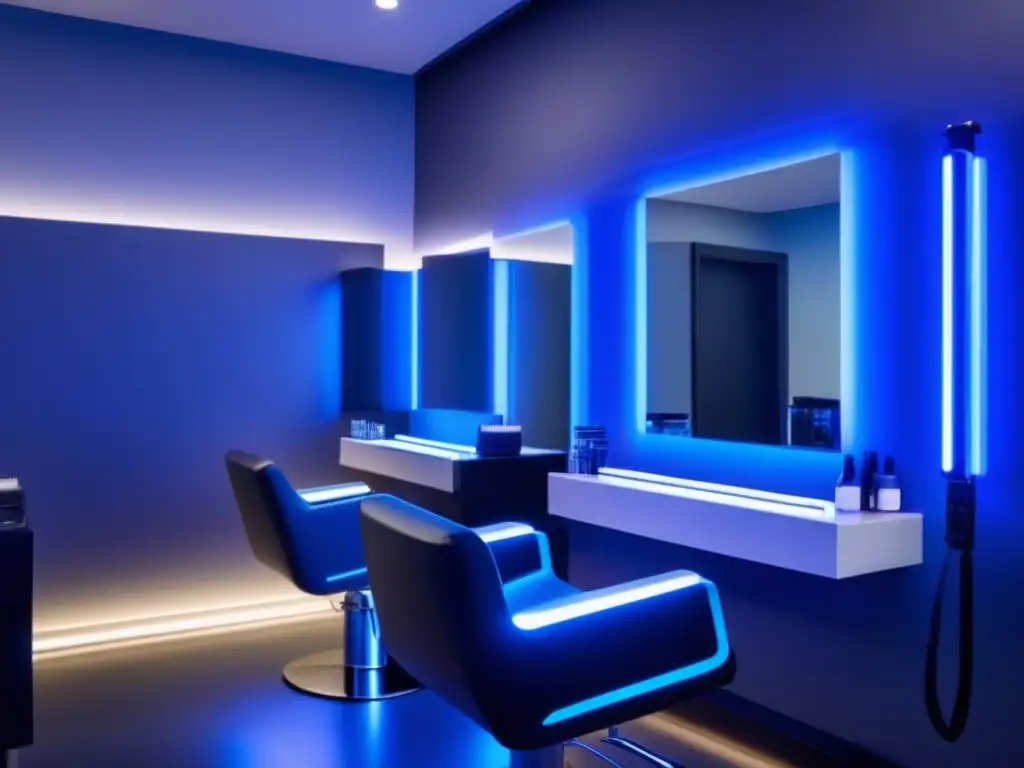 Un salón de belleza profesional con equipos modernos de terapia de luz, donde un estilista aplica tratamiento de luz azul al cabello de un cliente