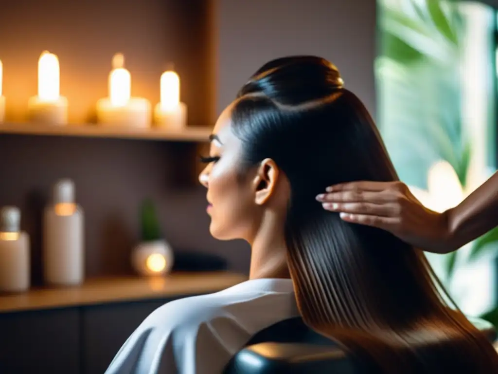 Un salón moderno y sereno donde se ofrece un tratamiento de Reiki para la salud del cabello, con luz natural suave y una atmósfera relajante