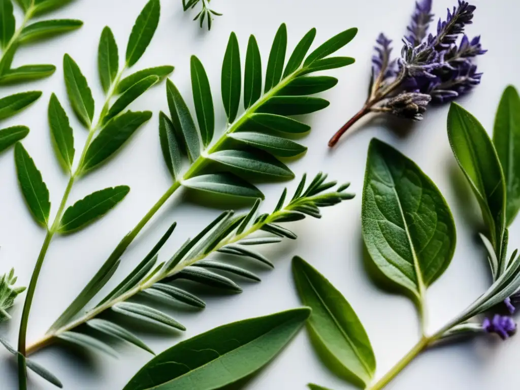 Selección de hierbas para crecimiento capilar: detalle vibrante Selección de hierbas para suplementos de crecimiento capilar, con texturas e intensos colores verdes resaltados en una superficie blanca moderna