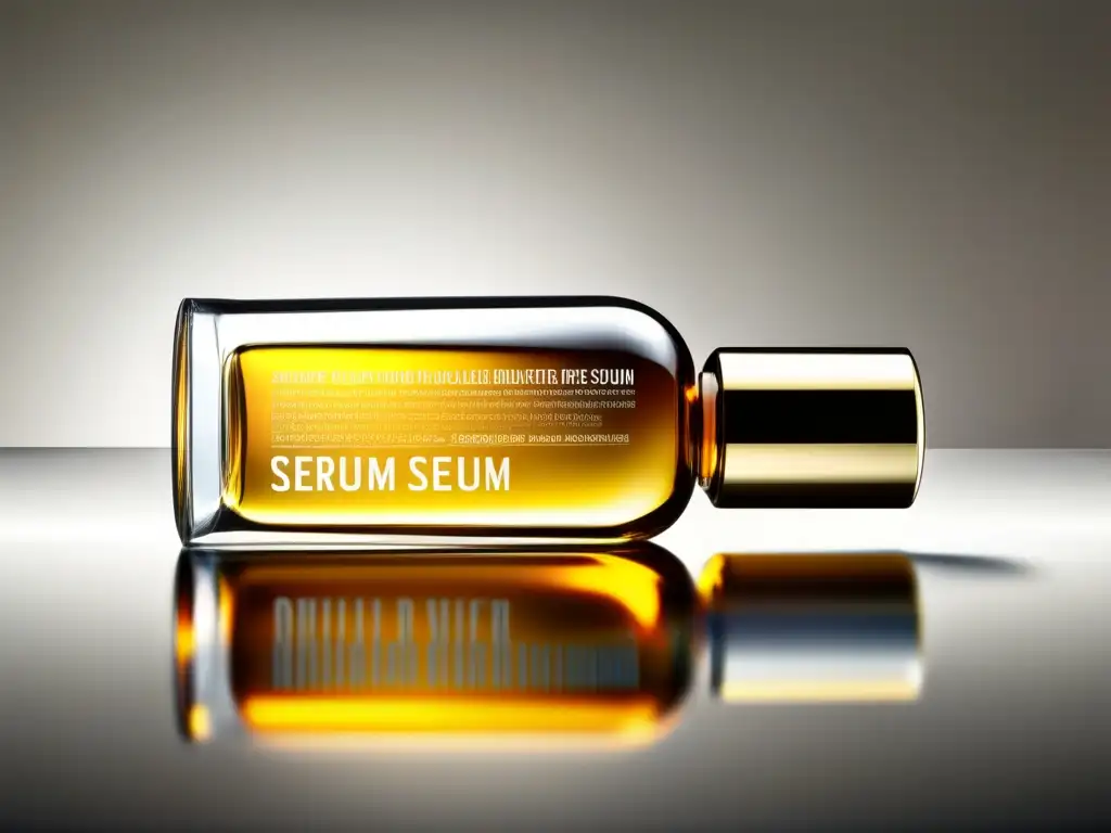 Un serum capilar moderno y lujoso, con una elegante botella de vidrio transparente y un elixir dorado brillante