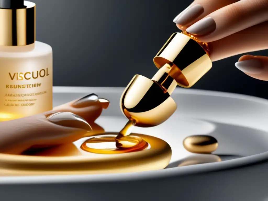 Un serum dorado cae en la mano, reflejando elegancia, profesionalismo y lujo. Análisis detallado cremas anticaída cabello