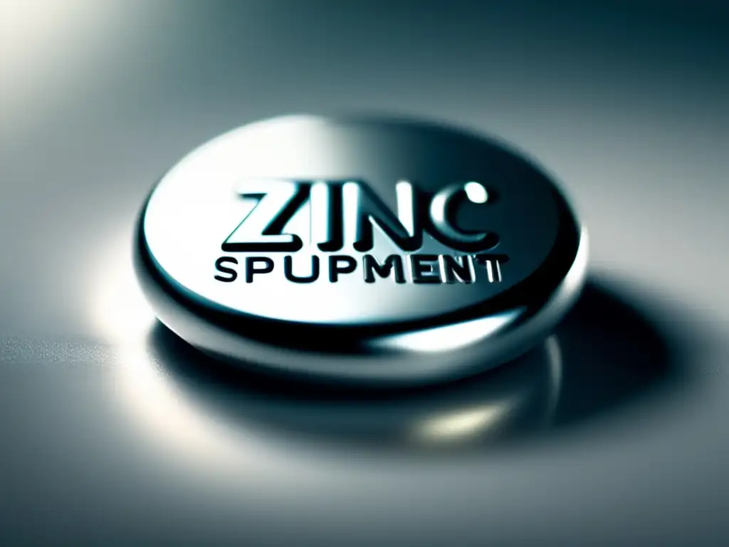 Un suplemento de zinc reluciente descansa sobre una superficie blanca moderna, con sombras suaves que realzan su textura.