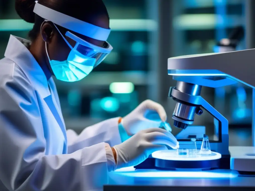 Un técnico de laboratorio maneja con cuidado una placa de cultivo de células madre en un laboratorio de alta tecnología para la investigación de la terapia con células madre para calvicie