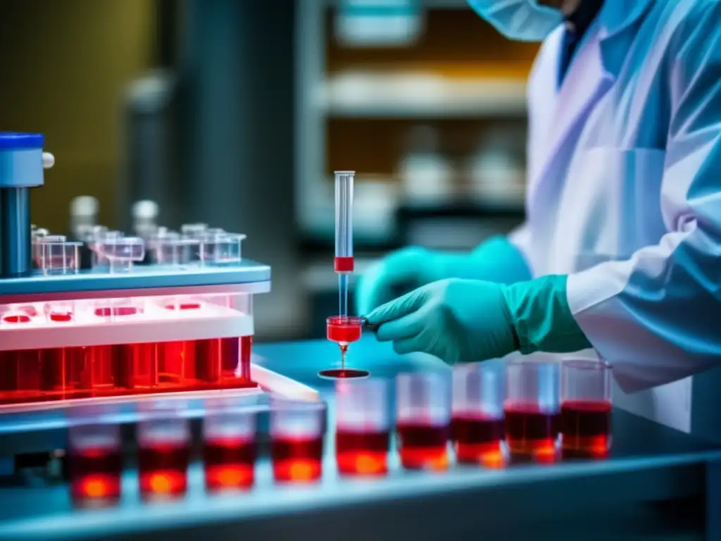 Un técnico de laboratorio prepara cuidadosamente una inyección de PRP, resaltando la centrifugadora separando el plasma rico en plaquetas de la sangre