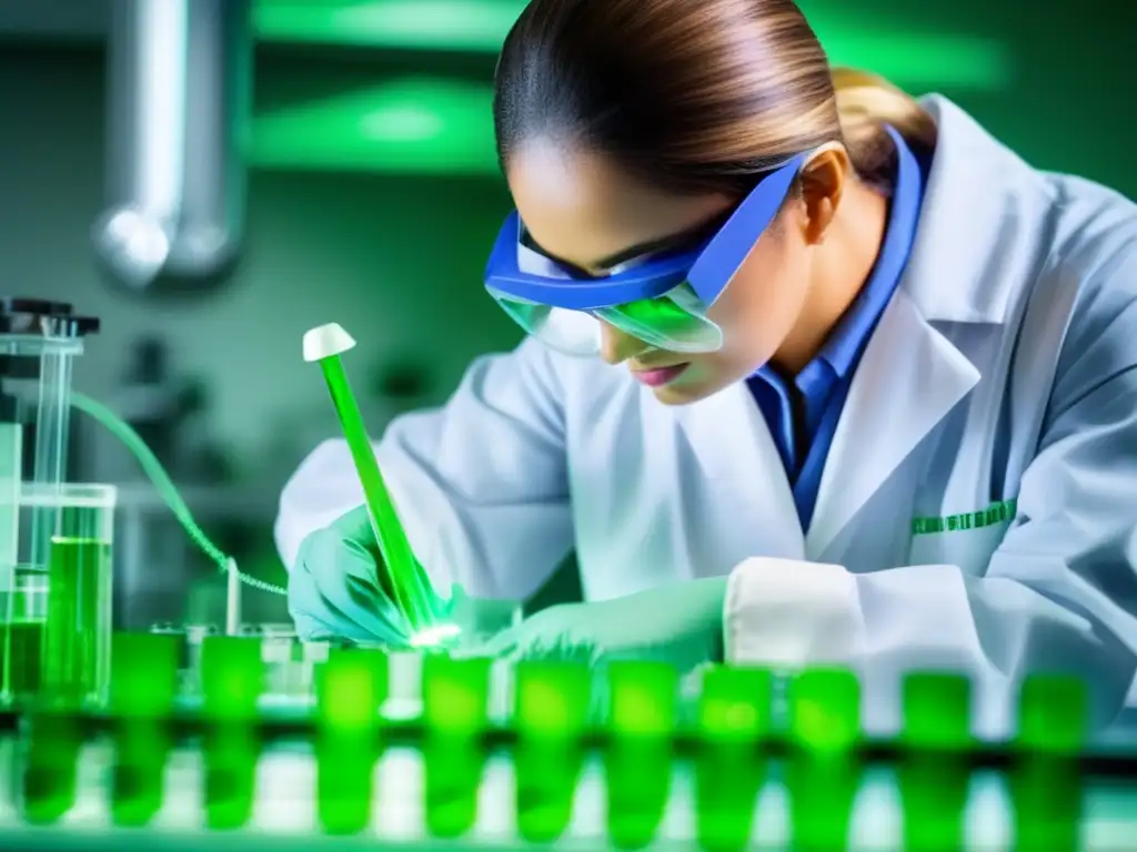 Un técnico de laboratorio extrae con precisión células madre de una hoja verde, para tratamiento capilar con células madre vegetales