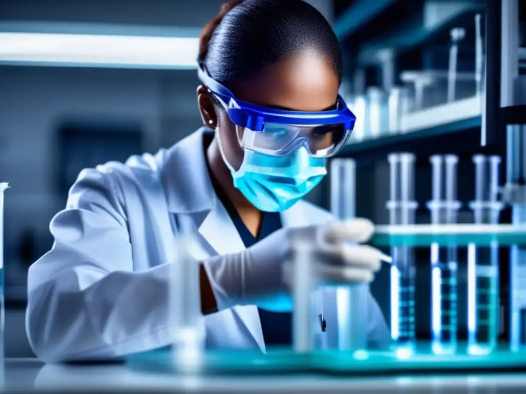 Un técnico de laboratorio examina con precisión un tubo de ensayo con líquido claro, transmitiendo seguridad en medicamentos para pérdida de cabello.