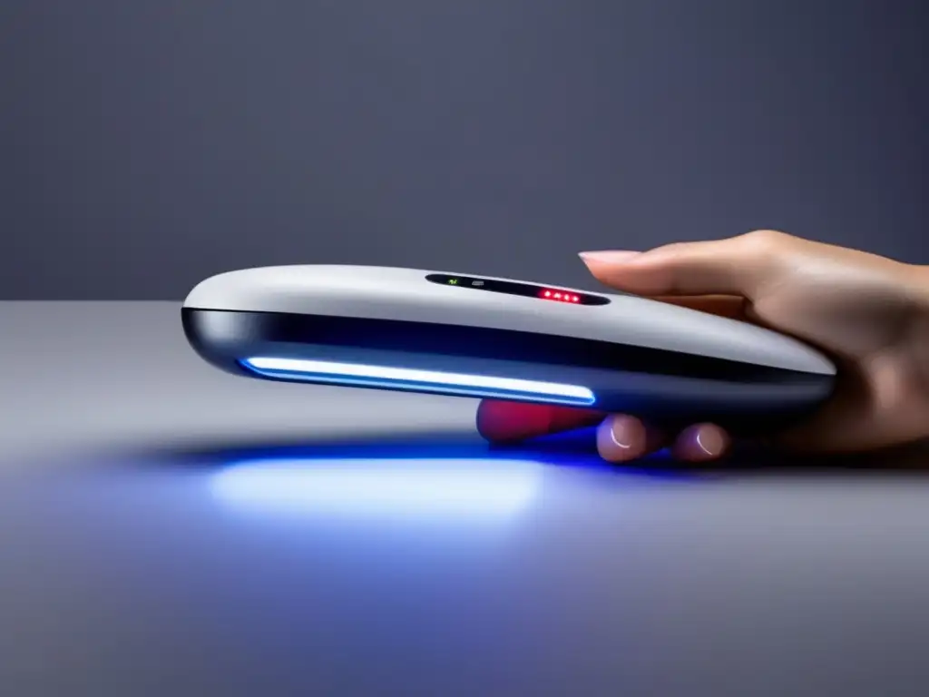 Dispositivo portátil de terapia láser para cuidado capilar Terapia láser portátil para cabello: dispositivo moderno con diseño ergonómico, interfaz amigable y suave resplandor en superficie blanca