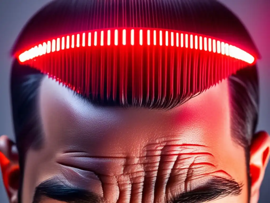 Terapia de luz roja: detalle capilar bajo ultrarresolución Terapia con luz LED roja para calvicie: Detalle asombroso del cuero cabelludo bajo la luz roja, estimulando los folículos capilares
