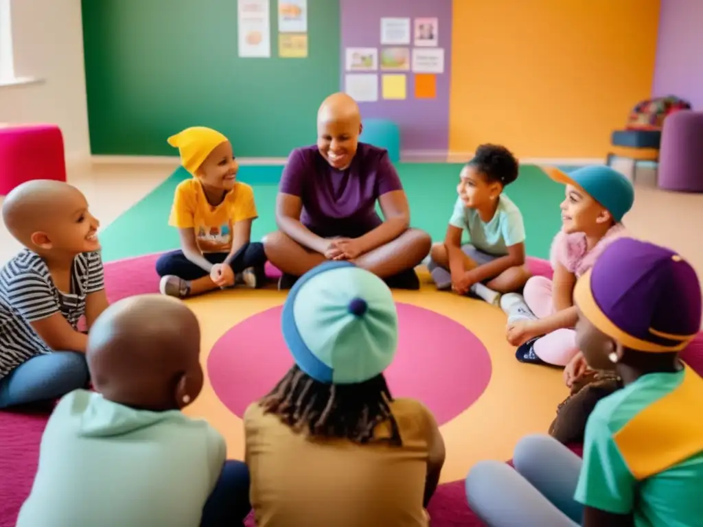 Terapias de grupo para alopecia infantil: Niños de diversas edades y etnias charlan en círculo, algunos con sombreros, otros sin pelo, en un espacio acogedor y luminoso, guiados por un facilitador compasivo