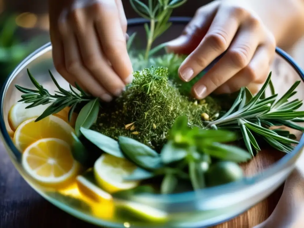 Preparación de tónicos capilares naturales para cabello con hierbas frescas en un tazón de vidrio, manos expertas mezclando ingredientes.