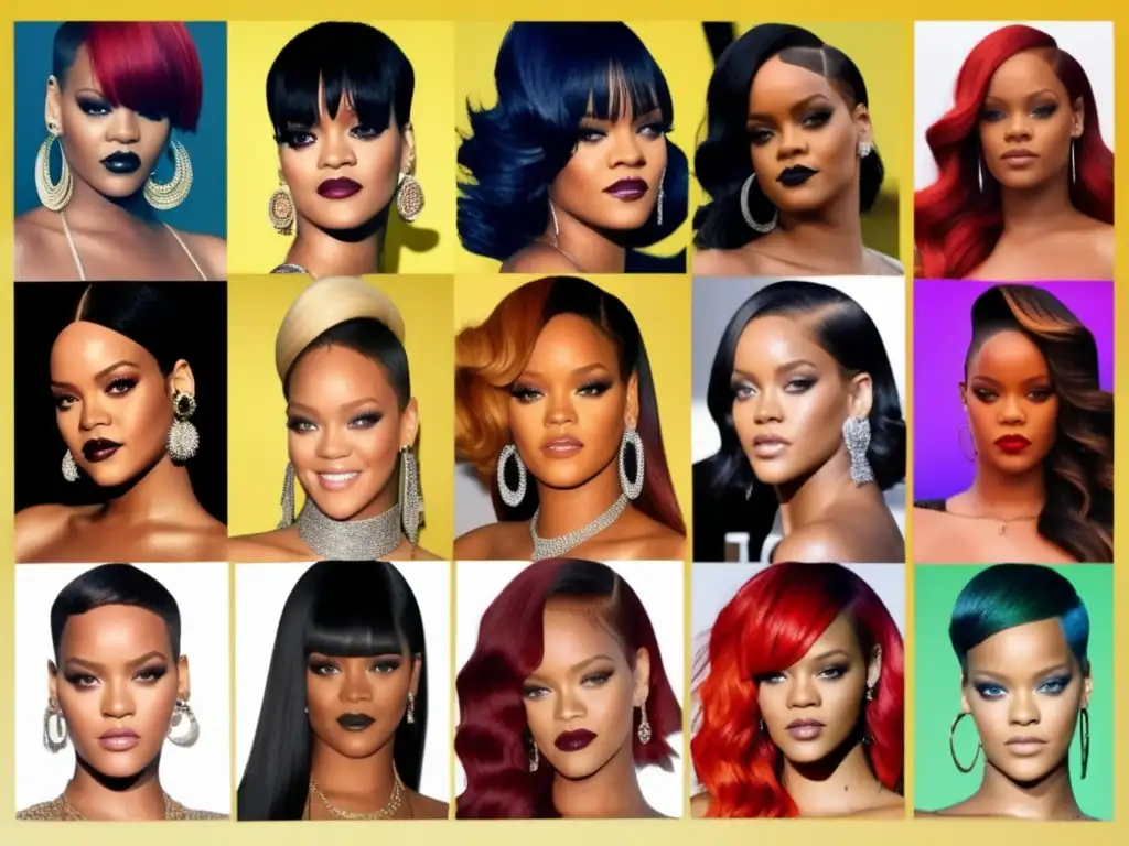 Transformaciones capilares de Rihanna a lo largo de los años, mostrando su evolución icónica y versátil en estilos y colores de cabello.