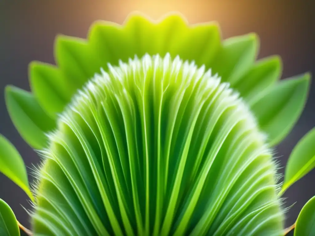 Tratamiento holístico para la caída del cabello: Close-up detallado de un cuero cabelludo humano con folículos visibles y hojas verdes vibrantes alrededor, creando una atmósfera serena y educativa