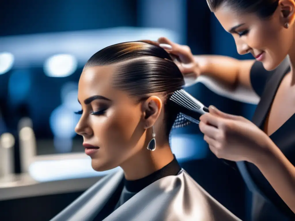 Un tratamiento integral para pérdida de cabello en un salón moderno, con un estilista aplicando una mascarilla capilar nutritiva en el cuero cabelludo