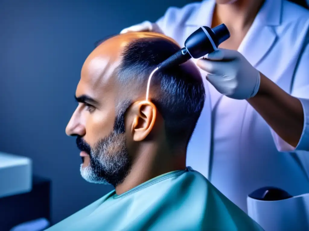 Tratamiento integral para pérdida de cabello: Un tricólogo examina con detalle el cuero cabelludo de un paciente, ofreciendo consejos personalizados en una clínica moderna y profesional