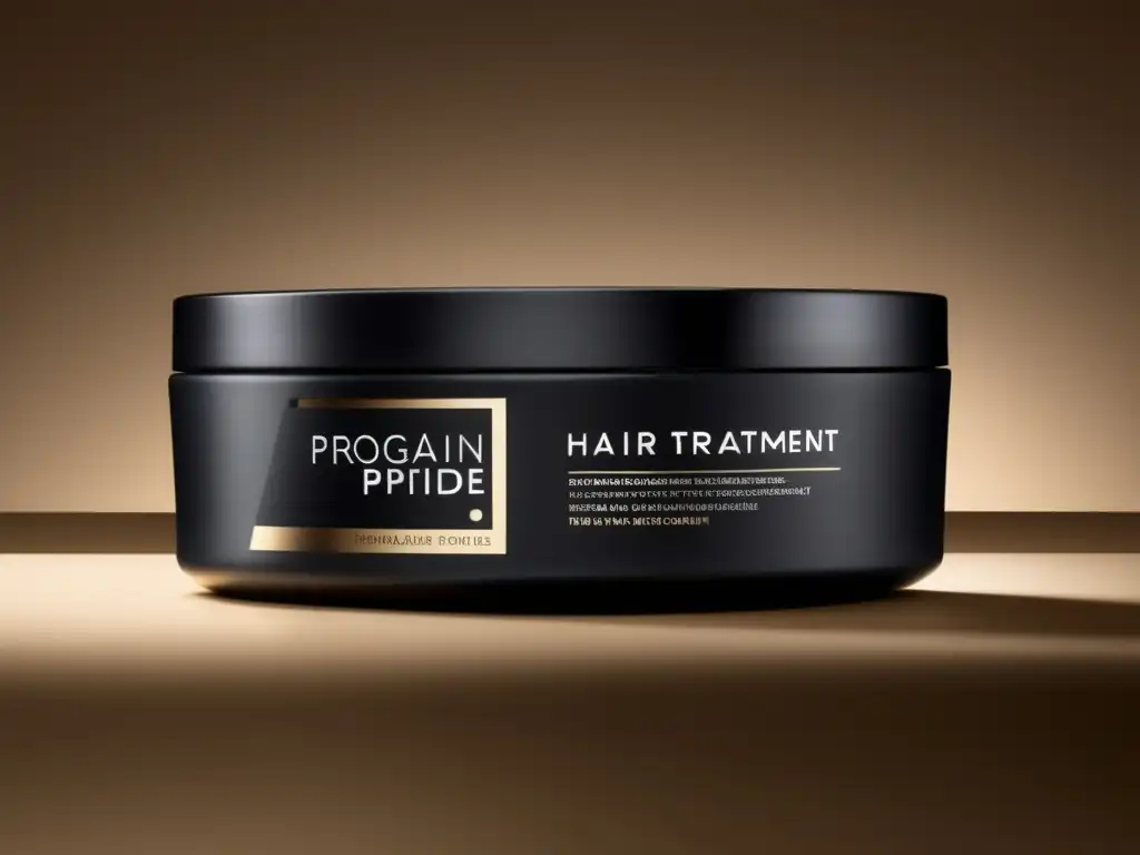 Tratamiento de péptidos para pérdida de cabello en elegante envase negro mate, iluminado suavemente