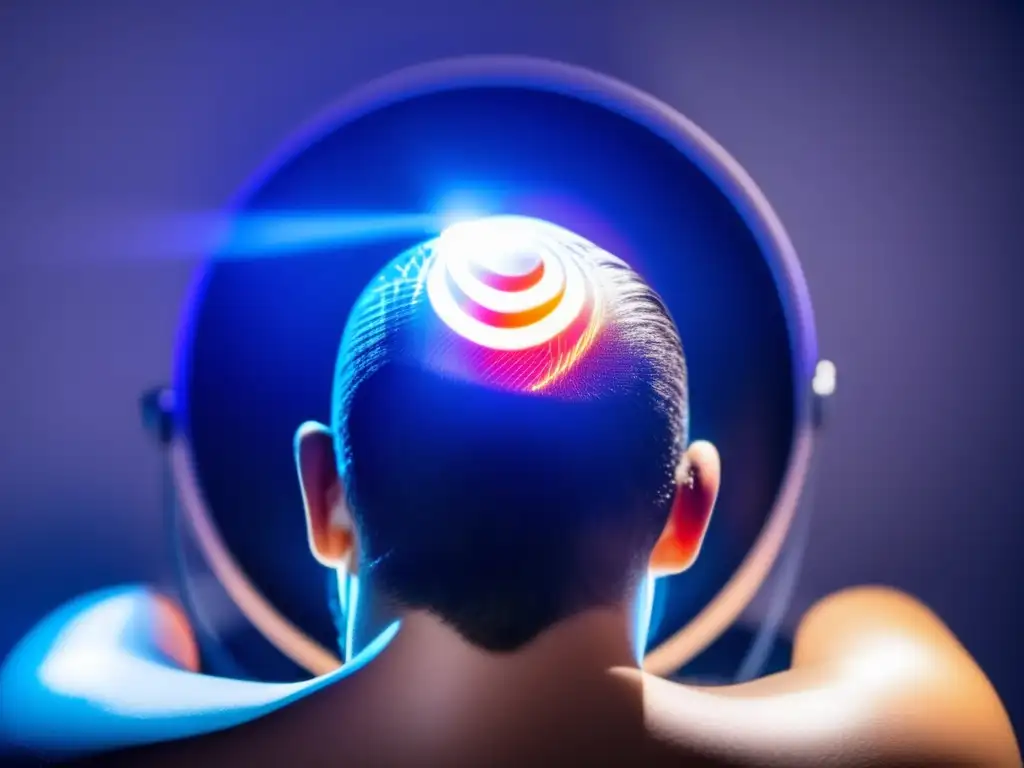 Terapia IPL para crecimiento capilar: detalle asombroso Un tratamiento de Terapia IPL para crecimiento capilar ilumina el cuero cabelludo con pulsos de luz vibrantes y detallados, resaltando la precisión y profesionalismo del procedimiento