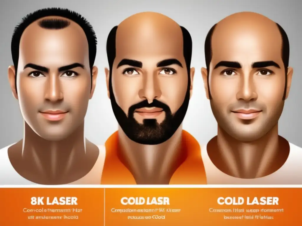 Tratamientos de pérdida de cabello: comparación visual Comparación de tratamientos para la pérdida de cabello, incluyendo terapia láser frío, minoxidil y trasplante capilar