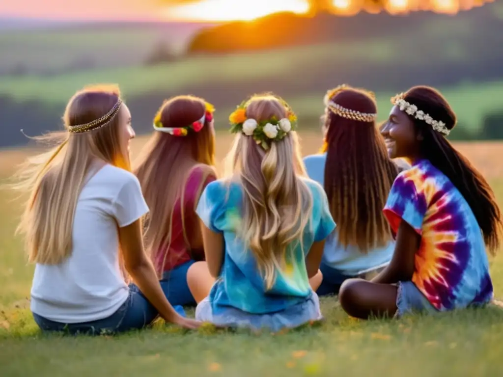 Unidos en amistad y libertad, jóvenes con peinados rebeldes y coloridas prendas hippies, disfrutan del atardecer en el campo