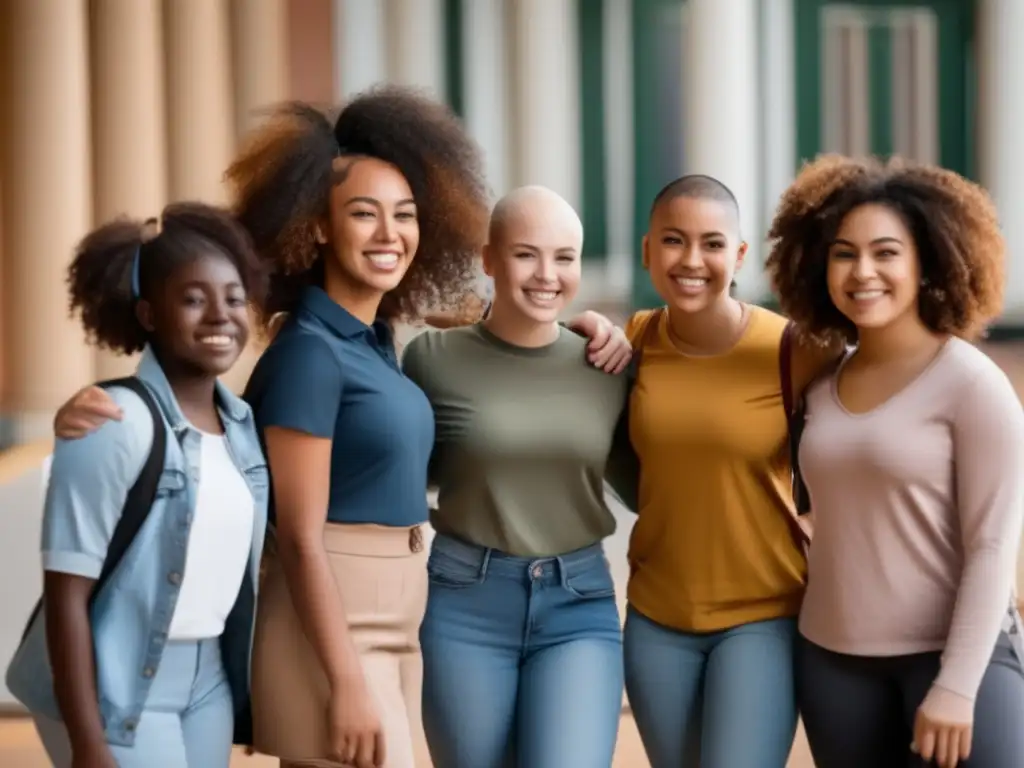 Unidos en solidaridad, estudiantes muestran apoyo a compañero con alopecia, promoviendo estrategias para combatir el acoso escolar por alopecia.