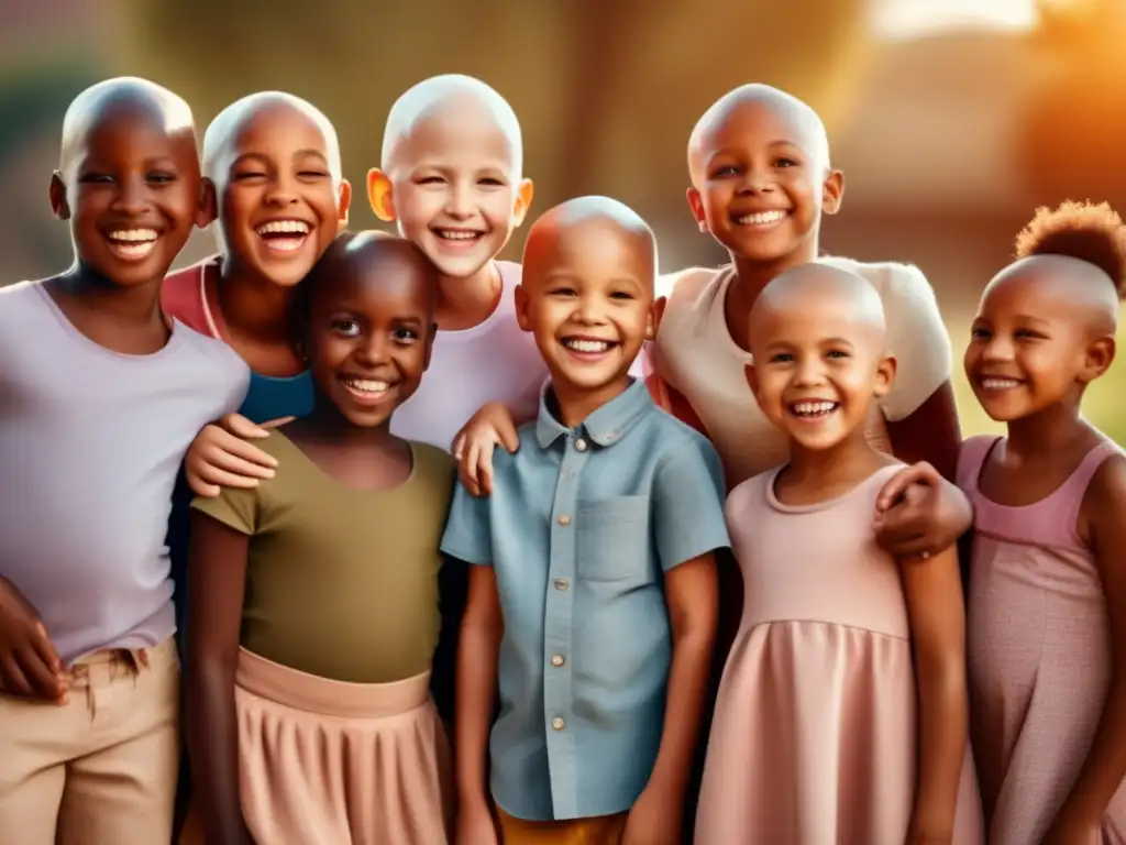 Unidos y sonrientes, niños con alopecia muestran orgullosos sus cabezas calvas, rodeados de amor y apoyo, irradiando unidad y aceptación, estrategias para combatir el acoso escolar por alopecia