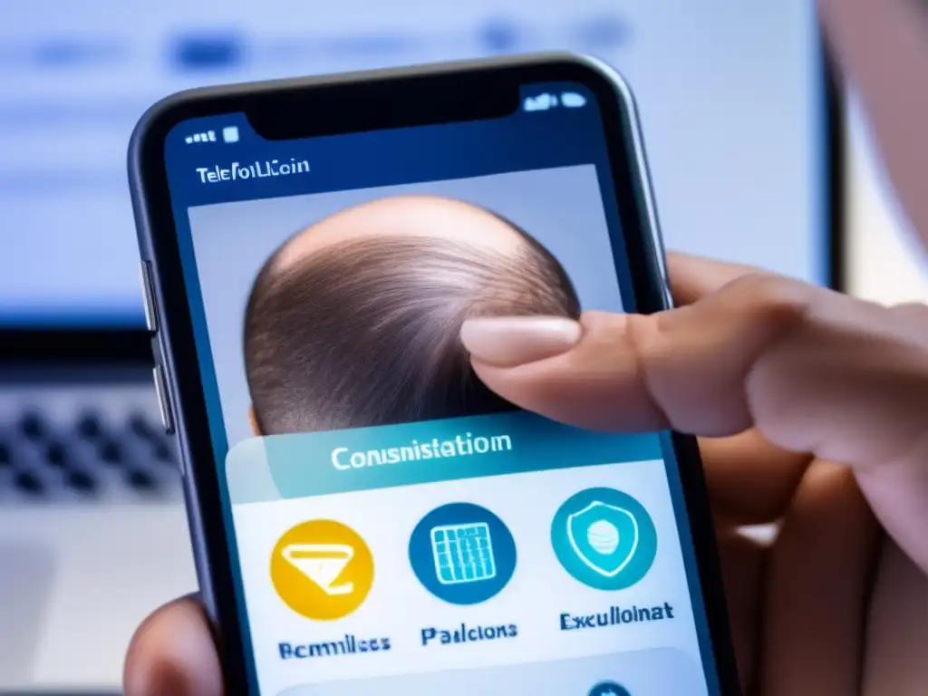Un usuario sostiene un teléfono con una plataforma de telemedicina que muestra opciones de tratamiento para la caída del cabello.