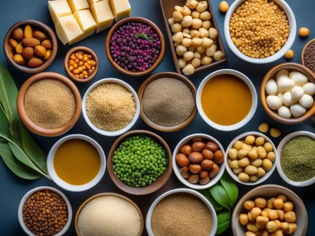 Una variedad de alimentos ricos en proteínas vegetales, como quinoa, lentejas, frijoles, garbanzos, tofu y nueces, dispuestos de forma moderna y atractiva