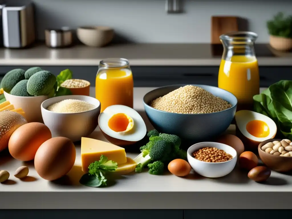 Alimentos ricos en vitamina B: vitalidad y colorido Una variedad de alimentos ricos en vitamina B en una encimera de cocina moderna, resaltando colores y texturas