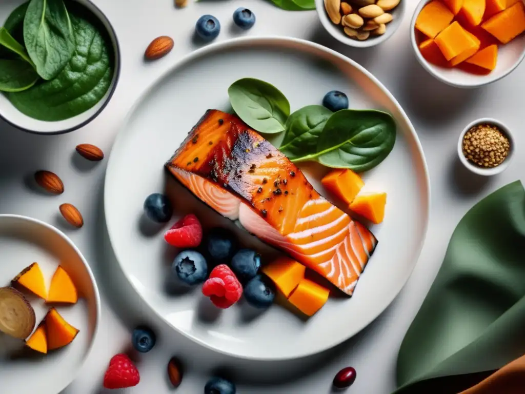 Una variedad de alimentos saludables y coloridos en un plato blanco moderno, resaltando la frescura y vitalidad