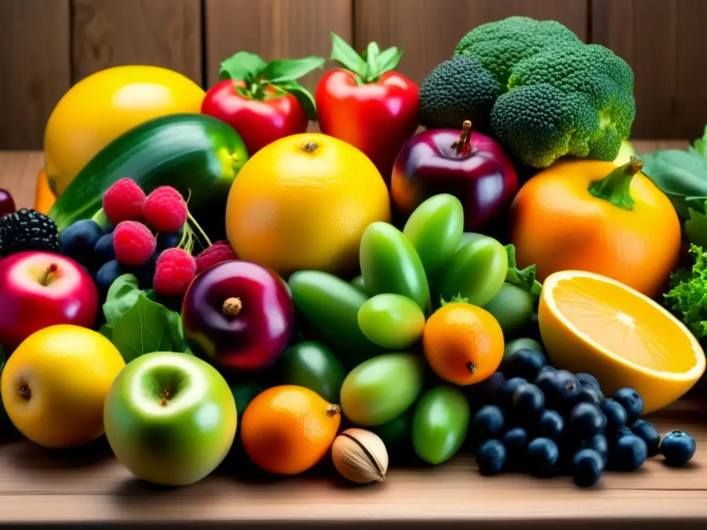 Una variedad de frutas y verduras coloridas en una mesa de madera, alimentos para prevenir la alopecia, con iluminación suave resaltando su frescura