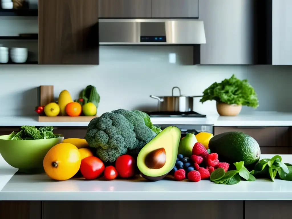 Variedad de frutas y verduras coloridas en una cocina moderna