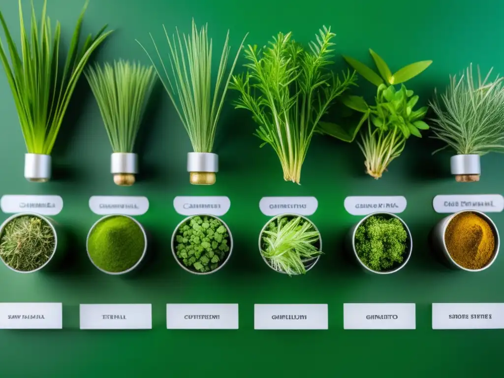 Herbas para el crecimiento del cabello: Detalles vibrantes Variedad de hierbas para suplementos de crecimiento capilar, mostrando su belleza natural y efectividad