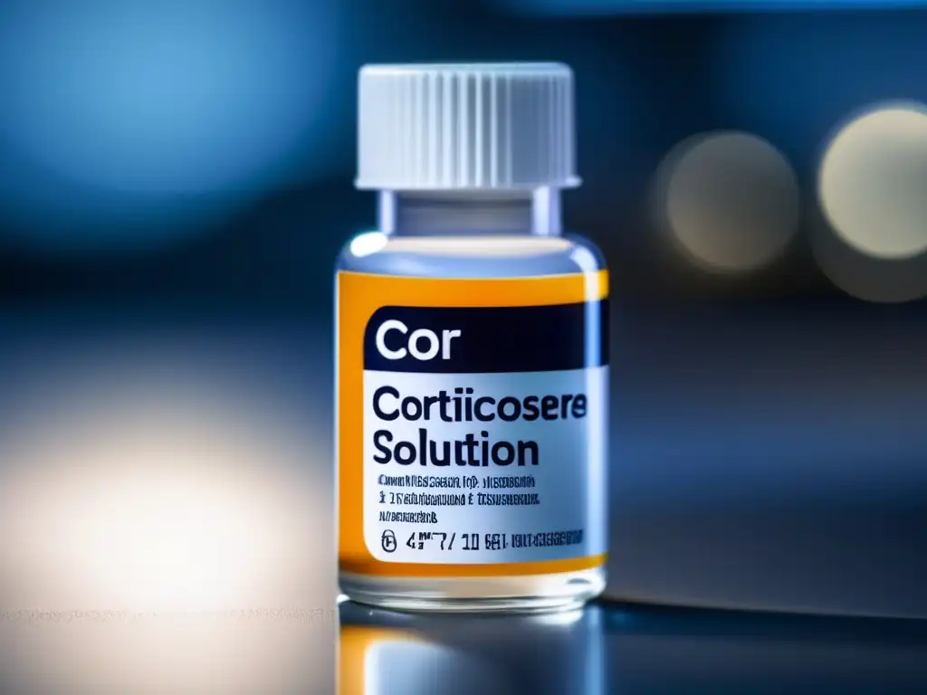Solución de corticosteroide para alopecia: detalle de vial Un vial de solución de corticosteroides tópicos, con etiqueta detallada sobre el tratamiento para la alopecia areata