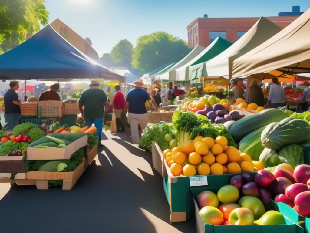 Una vibrante feria de agricultores con frutas y verduras coloridas en exhibición