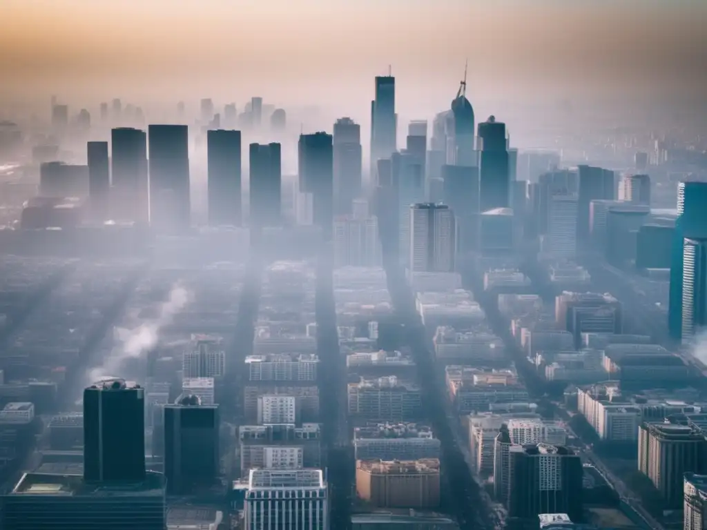 Vista aérea de una ciudad con contaminación del aire urbano, mostrando un horizonte brumoso con edificios altos, congestión de tráfico y smog