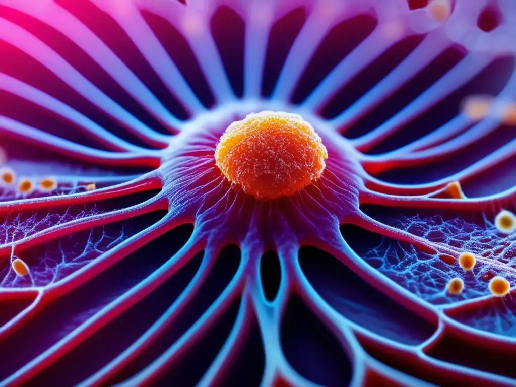 Vista detallada de un folículo capilar sano bajo microscopio, resaltando la red de vasos sanguíneos y tejido circundante