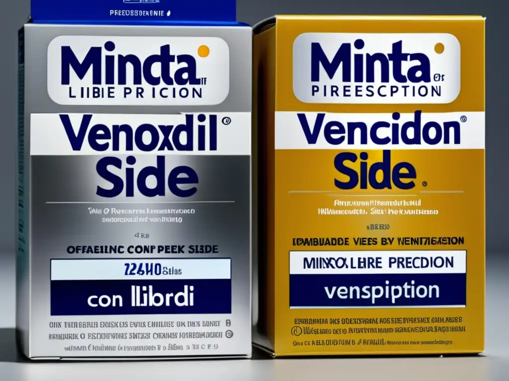 Comparación visual de Minoxidil venta libre vs prescripción, resaltando diferencias en empaque y diseño de etiqueta