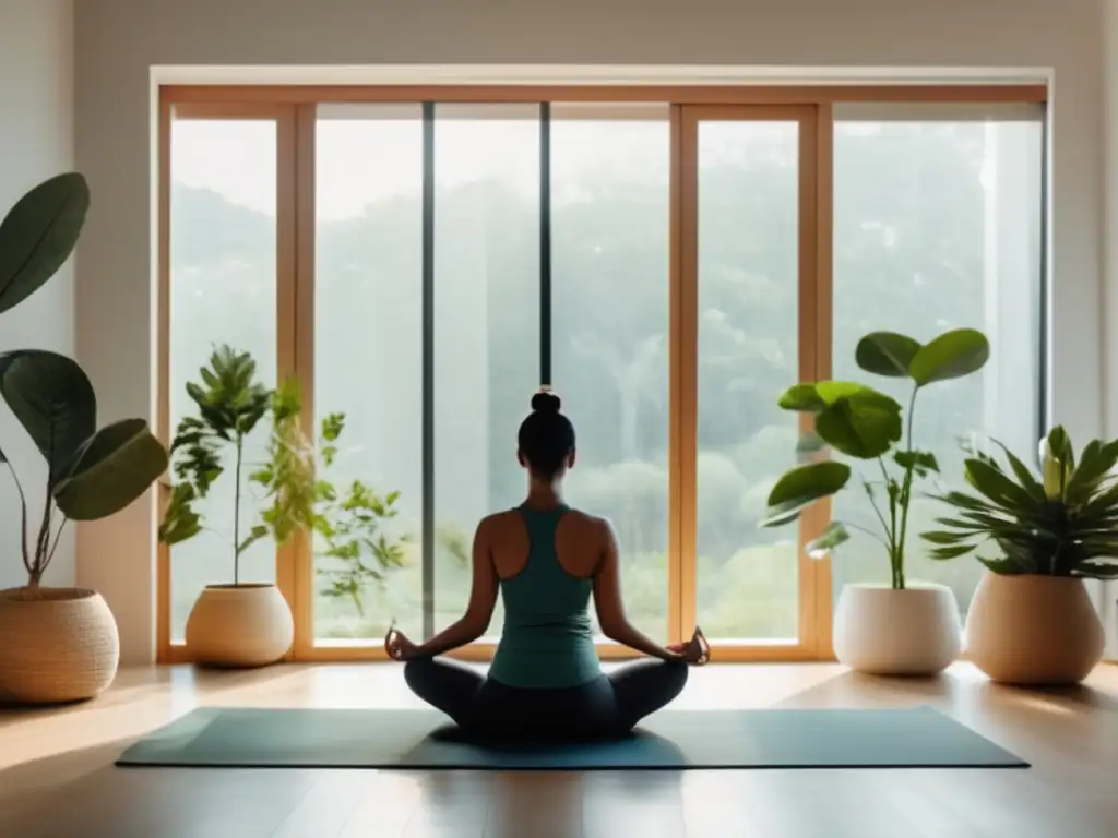 'Práctica de yoga en un espacio tranquilo y minimalista con plantas y luz natural, promoviendo la reducción del estrés para pérdida de cabello'